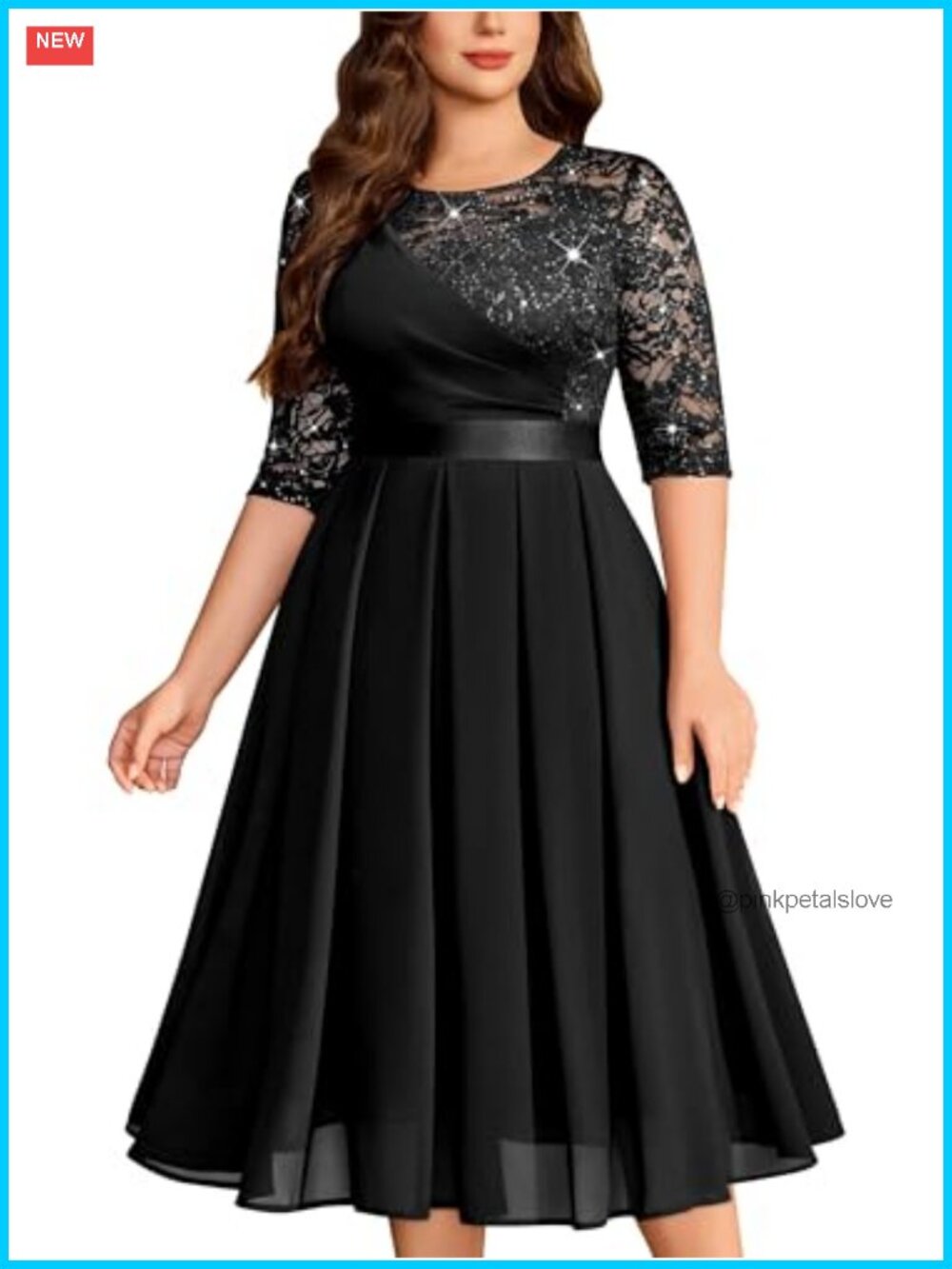 Plus Size Glitter Sequin Floral Lace Pleated Chiffon Midi Dress Formal Cocktail